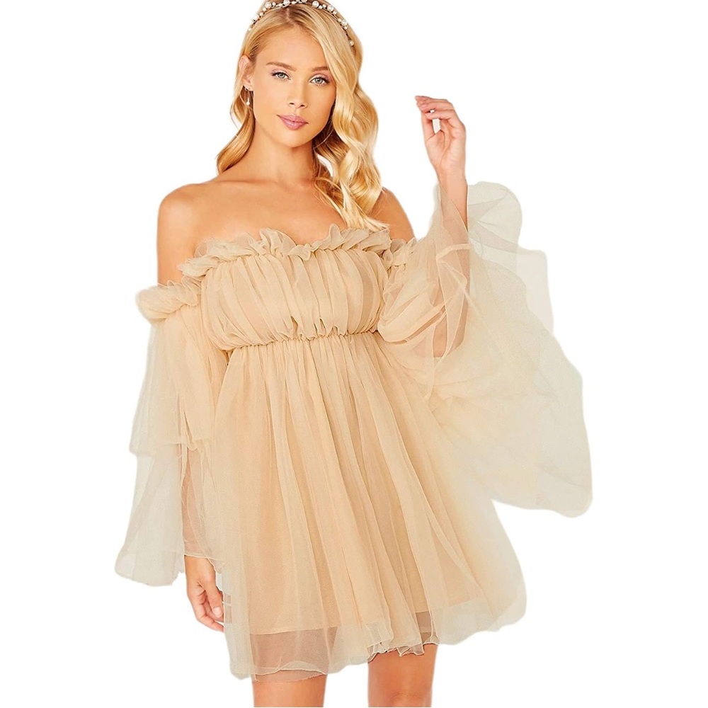 Off the shoulder mesh mini dress.